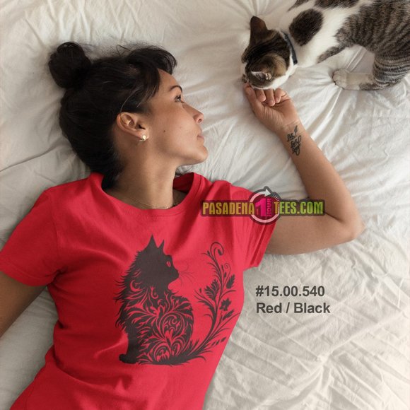 NEW Silhouette Cat Kitten Swirls Floral Black Design Red, Royal & White 2X - 3X - Picture 1 of 3